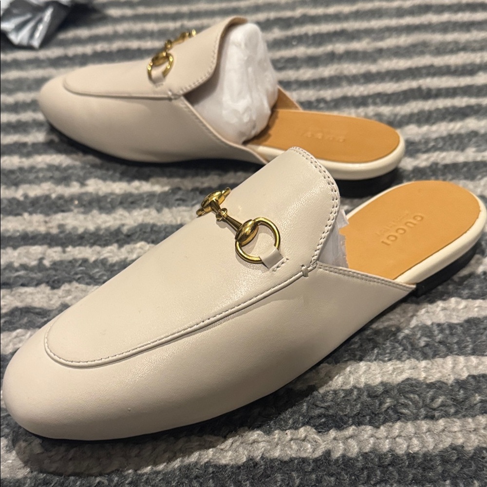 Gucci Women's Cream Leather Mules with Gold Hardware